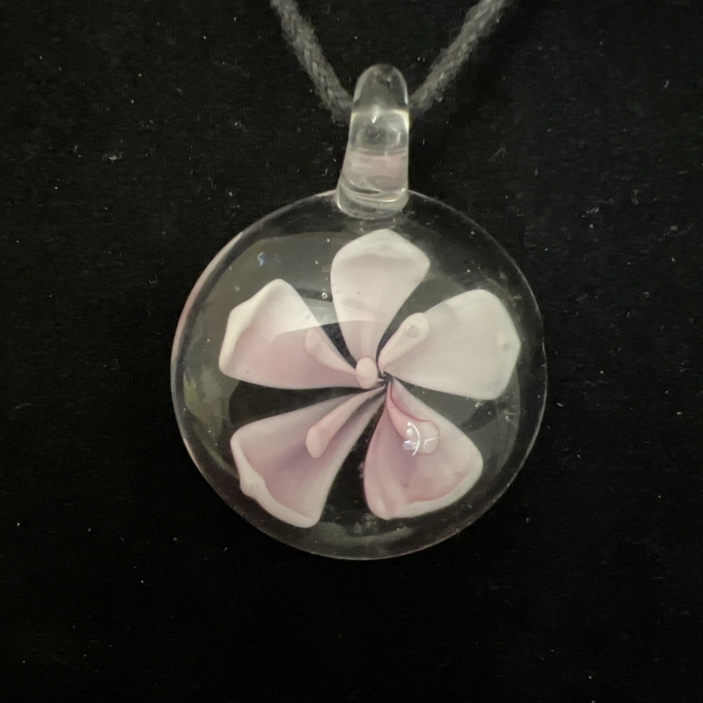 Handmade Glass Floral Pendant Lampwork Art Glass Floral Necklace Pink White